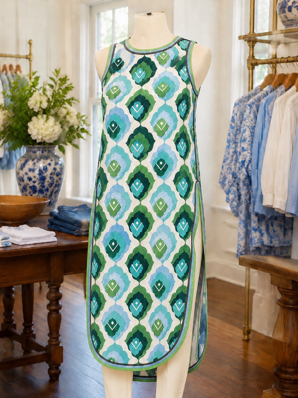 Frances Valentine Green Blue Geometric Sleeveless Tunic Sabrina top NWT